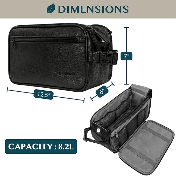 PAVILIA Toiletry Bag for Men, Travel Essentials Shaving Dopp Kit, Mens Travel Bag Toiletries Organizer Case for Grooming, PU Leather Water Resistant Cosmetic Bag Pouch (XL, Black)