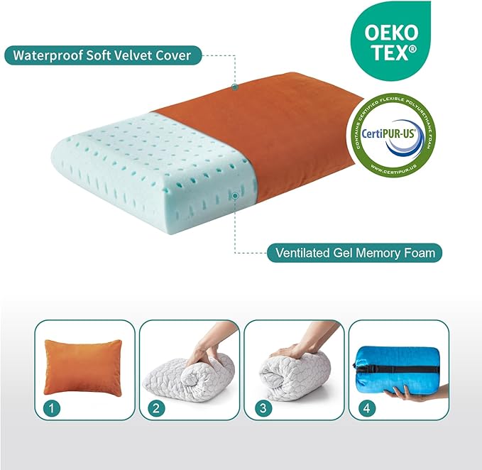 Small Gel Memory Foam Camping Pillow Travel - Contoured Support -Compressible Pillow Ideal for Backpacking, Camping, Travel, Car, Airplane,Office Nap