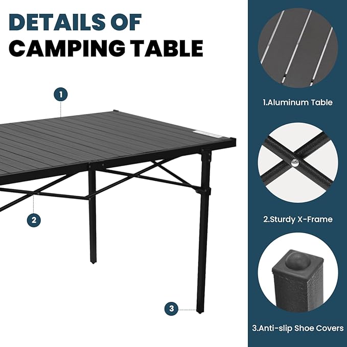 WILDROOTS Folding Camping Black Table with Carry Bag, Roll Up 4-6 People Portable Camp Square Tables for Picnic, Cooking, Beach, Travel, BBQ (XL