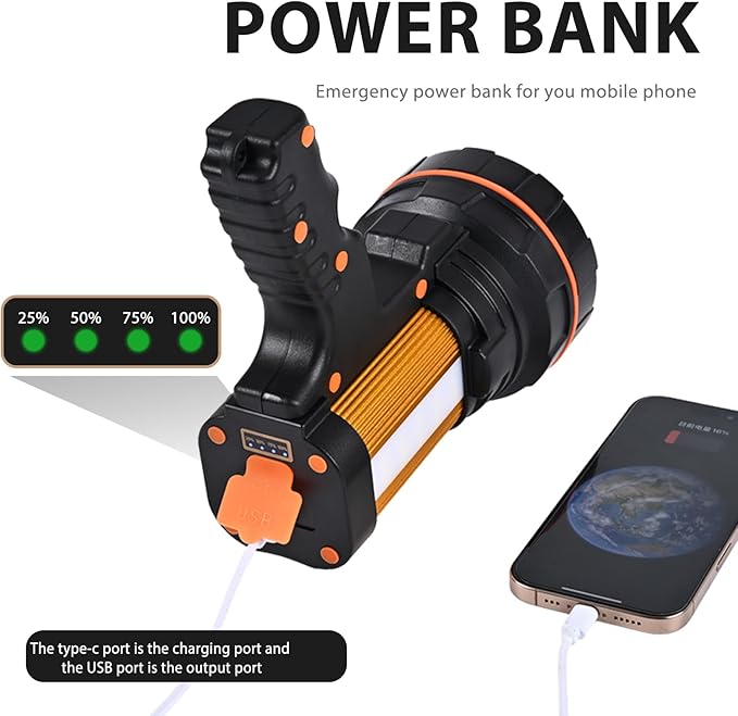 Rechargeable Spotlight Flashlight Water Resistant 8 Hour Runtime LED Super Bright Handheld Searchlight with Shoulder Strap,for During Hurricane Emergency Walking Outages Boating Camping Lantern