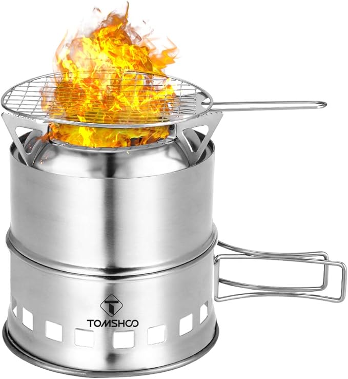 TOMSHOO Portable Folding Windproof Wood Burning Stove Compact Stainless Steel Alcohol Stove Outdoor Camping Hiking Backpacking Picnic BBQ