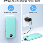 Portable Charger 13800mAh Slim USB C Power Bank with Built in Cables and Wall Plug,LCD Display Lightweight Travel Battery Pack,PD Fast Charging Compatible with iPhone 15,14,Samsung Android-Green