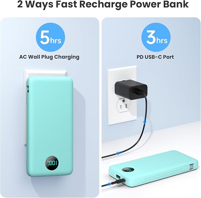 Portable Charger 13800mAh Slim USB C Power Bank with Built in Cables and Wall Plug,LCD Display Lightweight Travel Battery Pack,PD Fast Charging Compatible with iPhone 15,14,Samsung Android-Green