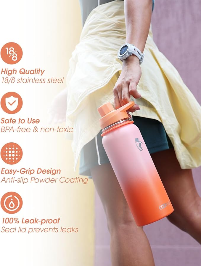 Coolflask Insulated Water Bottle with Straw, 40 oz Metal Water Flask with Straw & Spout Lids, Stainless Steel Double Wall Vacuum, Keep Cold 48h Hot 24h, Leak Proof & Non-BPA, Sunny Orange