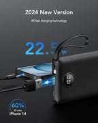 VRURC Portable Charger, 22.5W Power Bank 10000mAh, USB-C Cable in & Out Fast Charging Battery Pack, Compact Travel Essential 4 Outputs 3 Inputs for iPhone 16 15 14 13,Samsung, Android etc-Black