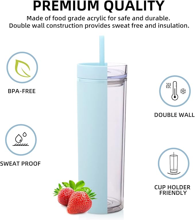 Volhoply 20oz Plastic Skinny Tumblers Bulk 4 Pack, Tumbler with Lid and Straw,Reusable Travel Iced Coffee Mug,BPA Free Acrylic Water Cups With Straw for Party,DIY Gifts(Blue, 4 Set)
