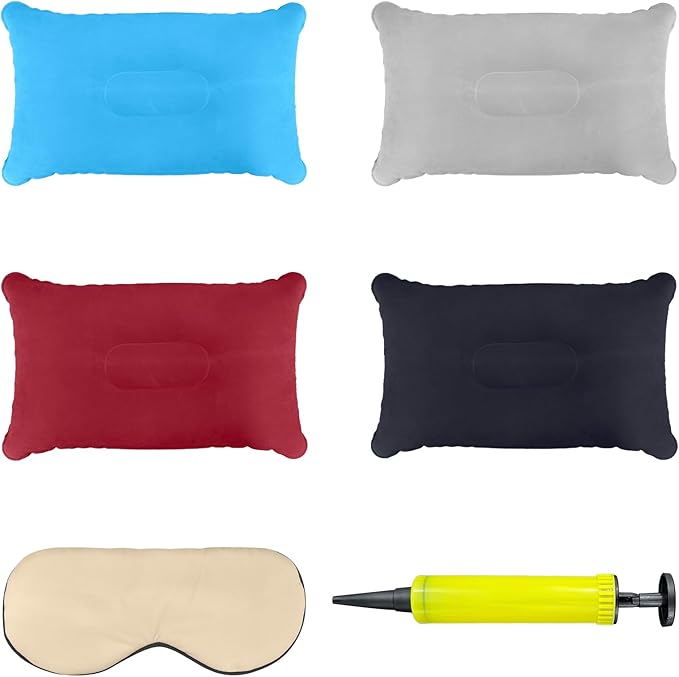 4 Pcs Ultralight Inflatable Portable Pillows, with 1pcs ice-Silk eyeshade and a Small air Pump. Compressible, Comfortable, Ergonomic Pillowfor Neck Lumbar Support and Camp Sleeping, 4 Colors