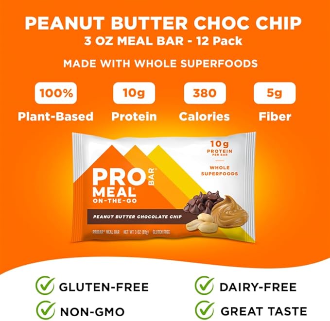 PROBAR - Meal Bar, Peanut Butter Chocolate Chip, Non-GMO, Gluten-Free, Healthy, Plant-Based Whole Food Ingredients, Natural Energy (12 Count)