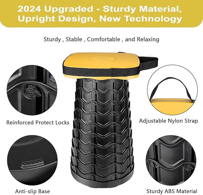 Upgraded Folding Stool Collapsible Portable Chairs Sturdy Heavy Duty 550lbs Load Capacity Telescopic Stool for Camping Travel Hiking (Yellow)