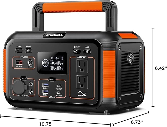 GRECELL 500W Portable Power Station 444Wh Solar Generator with 110V Pure Sine Wave AC Outlet/PD60W, 1000W Peak power station for Camping Trip RV Outdoor Home Emergency Backup & Solar Powered