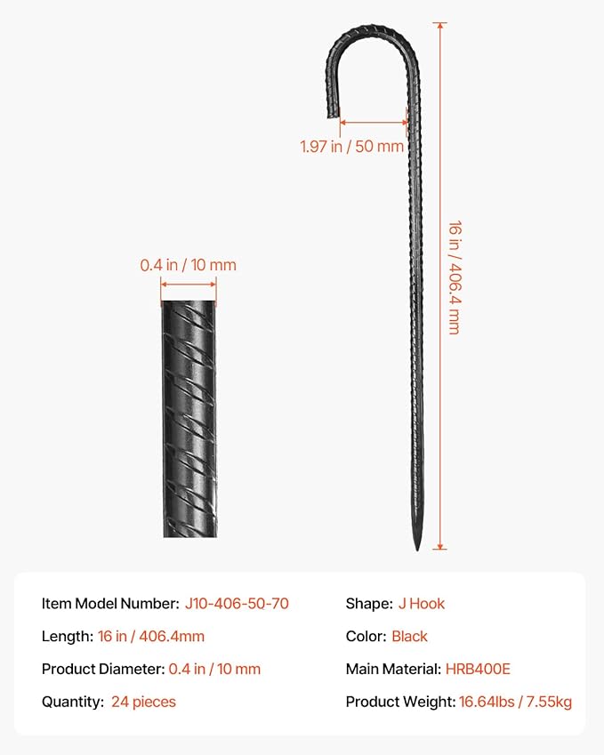 VEVOR Rebar Stakes, 16-Inch, Heavy-Duty 0.4 in Diameter J Hook, Galvanized Steel Ground Anchors with Chisel Point End & Rust-Resistant Coating, for Gardening Support, Fence, Camping Tents (24-Pack)