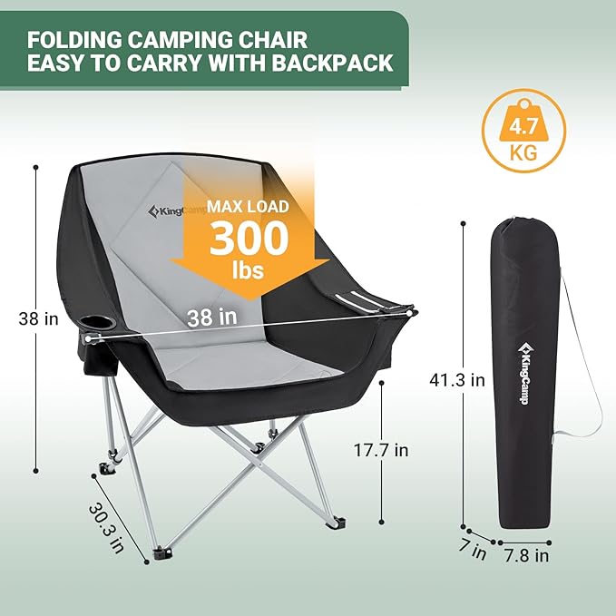 KingCamp Oversized Camping Chair, Padded Folding Couch for Adults, Heavy Duty 300lbs Large Comfortable Sofa Seat with Ice Bag Cup Holder for Outdoor Sports Backyard Patio Lawn, Black/Grey