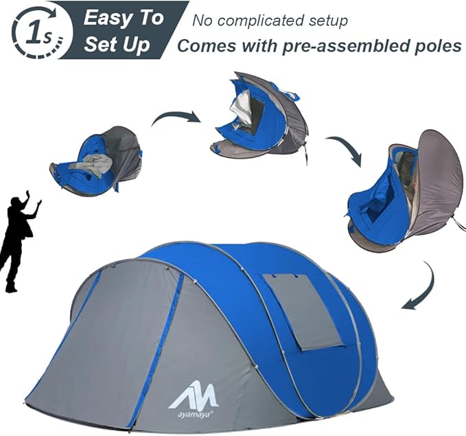 6 Person Easy Pop Up Tents for Camping - AYAMAYA Double Layer Waterproof Instant Tent with Vestibule & Porch, Large Size Family Tent Automatic Setup for 4-6 People Camping Hiking (Poles Included)