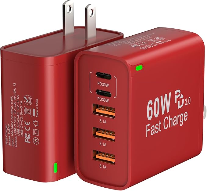 2Pack USB C Fast Charger Block, 60W 5-Port USB C Wall Charger 30W Type C Charging Block, 2USB C+3USB A PPS/PD 3.0 Multiport Charging Cube for iPhone 17 16 15 14 Pro Max,for Galaxy S25 S24 Ultra, i Pad