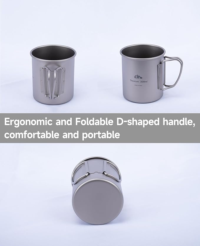 iClimb Titanium Cup Camping Coffee Mug Ultralight Compact with Foldable Handle (450ml)
