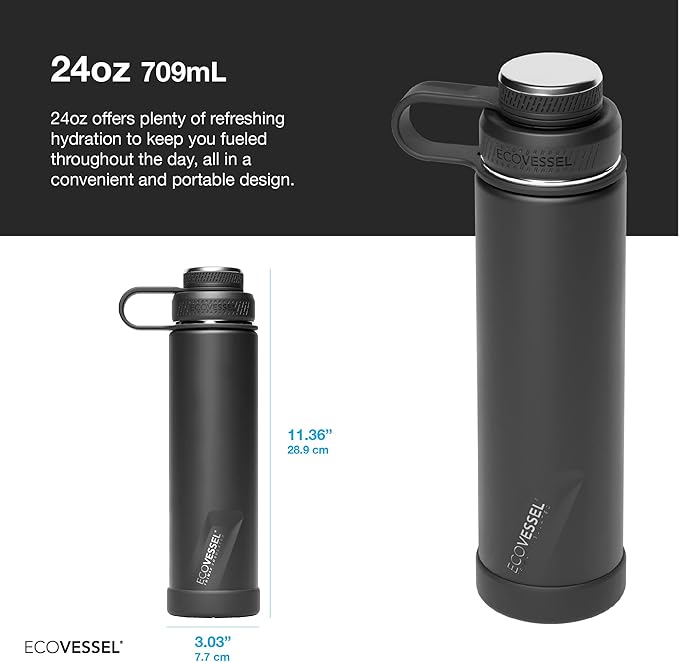 EcoVessel Stainless Steel Water Bottle with Insulated Dual Lid, Insulated Water Bottle with Strainer and Silicone Bottle Bumper, Coffee Mug – 24oz (Slate Grey)