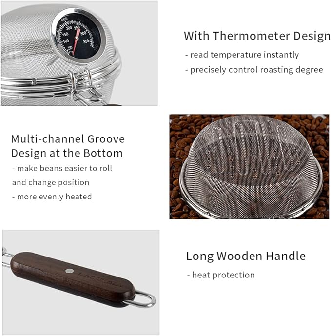 Home Coffee Bean Roaster Tool - CAFEMASY Portable Stainless Steel Handy Coffee Roaster Mesh Pan Tool with Thermometer for Home & Outdoor Coffee Beans Baking