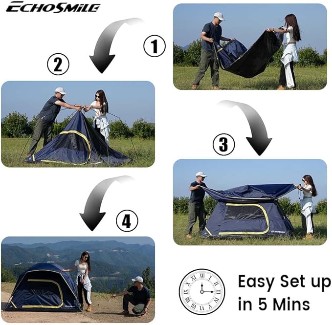 EchoSmile 2/4 Person Camping Tent, Lightweight Dome Family Tent with Rainfly, Easy Setup, Waterproof & Windproof Outdoor Shelter for Group Hiking, Backpacking, 3-Season Use