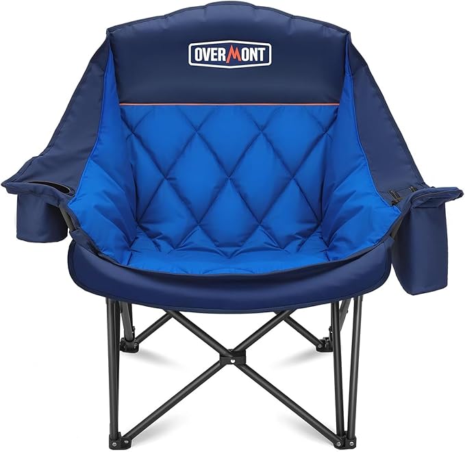 Overmont Oversized XL Camping Chair for Adults - 400lbs Support Heavy-Duty Padded Folding Chair with Side Pocket Cup Holder Cooling Bag for Outdoor Sports Garden Beach Fishing Lawn Blue