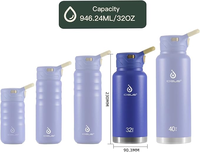 IDEUS Insulated Stainless Steel Water Bottle with 2 Leak-Proof Lids, Thermal Water Flask for Hiking Biking, 32oz, Purple