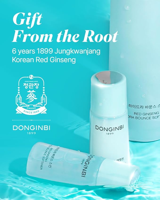 Donginbi Hydra Bounce Skin Care Set - Hydrating Toner(5.07 floz), Korean Red Ginseng Essence(4.4 floz), Firming Cream, and Face Moisturizer with Hyaluronic Acid, Korean Skin Care Gifts for Women