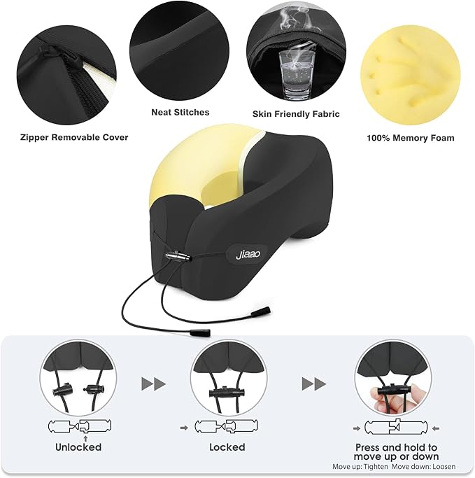 Neck Pillow Airplane, 2025 Upgraded Memory Foam Travel Pillow for International Flights, Adjustable Clasp, Storage Bag, Advanced Neck Support for Road Trips, Home, Office, and Gaming