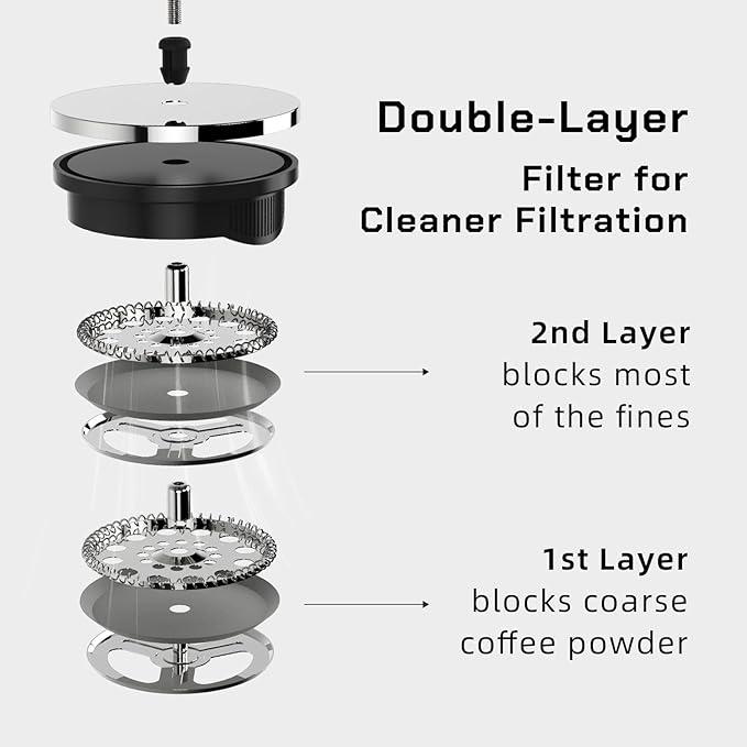 French Press Coffee Maker Stainless Steel Cold Brew Heat Resistant Glass Coffee & Tea Maker with 2 Filter (1000ml/34oz)