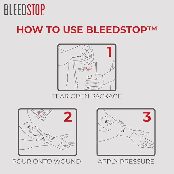 BleedStop™ First Aid Powder for Blood Clotting, Trauma Kit, Blood Thinner Patients, Camping Safety, and Survival Equipment for Moderate to Severe Bleeding Wounds or Nosebleeds - 4 (15g) Pouches