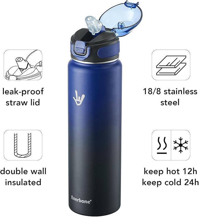 Enerbone 32 oz Insulated Water Bottle, Stainless Steel Bottle with Carrying Strap, Double-Wall Vacuum Insulation Design, Leakproof Sports Bottle with Straw, Keep Drinks Cold or Hot for Hours
