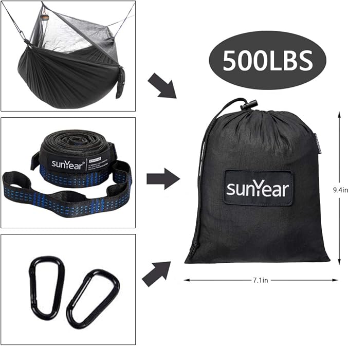 Sunyear Hammock Camping with Rain Fly Tarp and Net, Portable Camping Hammock Double Tree Hammock Outdoor Indoor Backpacking Travel & Survival, 2 Tree Straps,100% Waterproof