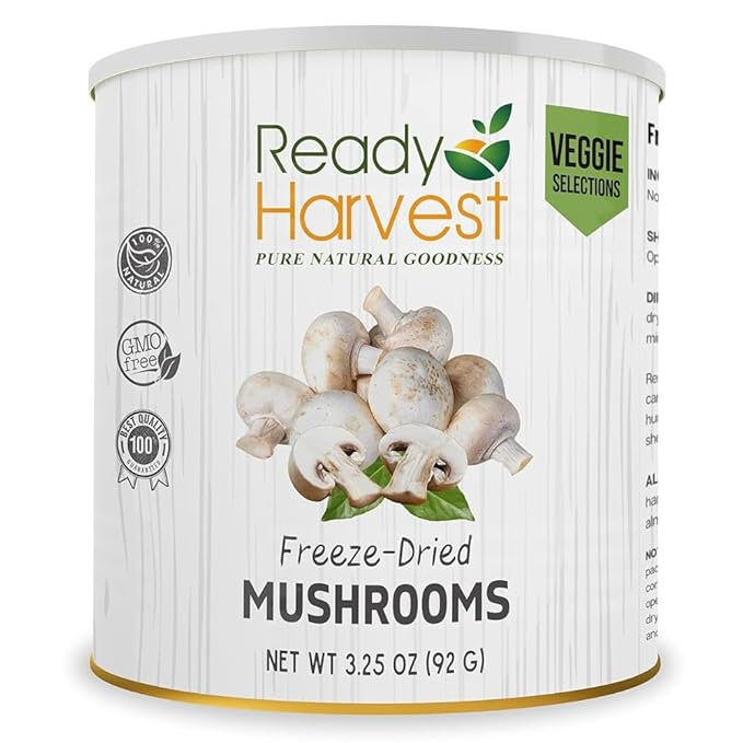 Ready Harvest Freeze-Dried Mushroom for Emergency Food Supply | Camper Must-Haves Camping Essentials | Hurricane Preparedness Items, Survival Food, Pantry Staples | #10 Can | 25-Year Shelf Life