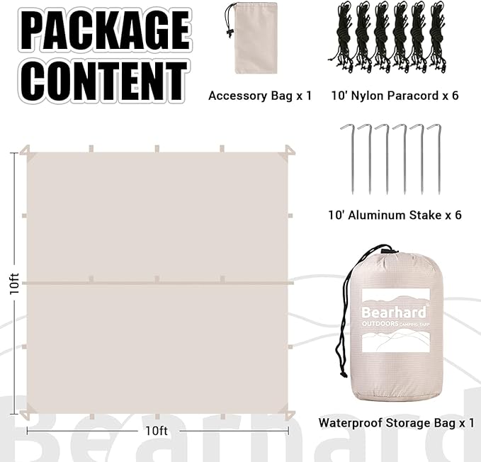 Bearhard Waterproof Camping Tarp, Lightweight Hammock Rain Fly, UV Protection and PU 3000mm Waterproof Backpacking Tarp, 10x10ft/10x12ft Large Tent Footprint or Shelter Kit for Hiking and Outdoor Adventure