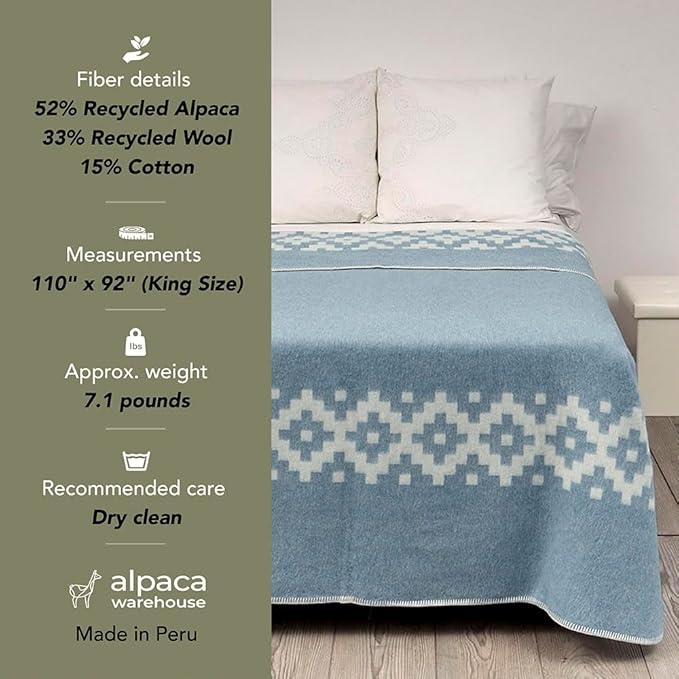 Thick Alpaca Wool Blanket Heavyweight Camping Outdoors Indoors Soft Peru King Size Ethnic Design (Soft Gray - Ivory, King Size)
