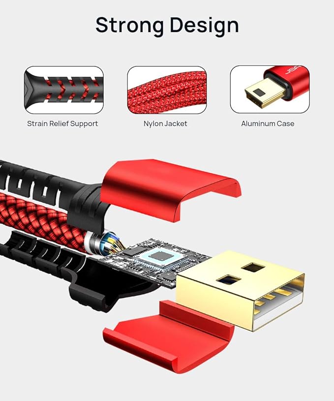 JSAUX Mini USB Cable 10FT, USB 2.0 Type A to Mini B Fast Charging Braided Cord Compatible with Blue Yeti Microphone Garmin Nuvi GPS 50 55 Ti-84 Plus CE Canon Rebel t7 Camera Gopro Red