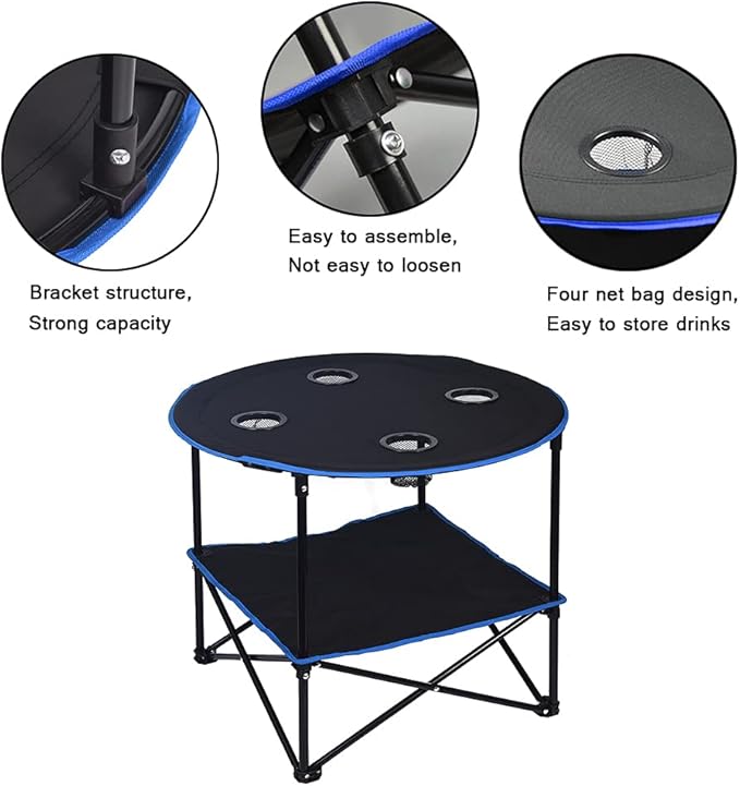 LEADALLWAY Folding Picnic Table Portable Outdoor Camping Table with 4 Cup Holders and Carrying Bags,Collapsible Canvas Travel Table for Outdoor Picnic,Barbecue,Travel,Fishing (Black+Blue)