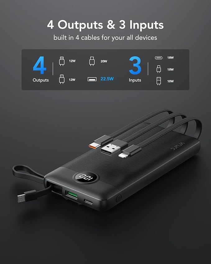 VRURC Portable Charger, 22.5W Power Bank 10000mAh, USB-C Cable in & Out Fast Charging Battery Pack, Compact Travel Essential 4 Outputs 3 Inputs for iPhone 16 15 14 13,Samsung, Android etc-Black