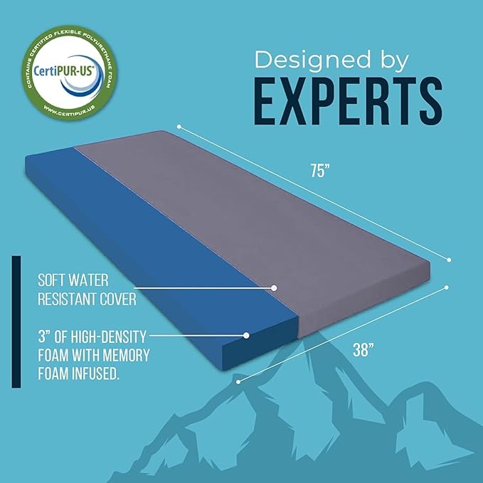 Foamma 3" x 38" x 75" Memory Foam Roll-Up Camping Mattress with Water Resistant Zipper Cover, Foldable and Portable for Camping, RV Bunk, Tent, Guest Bed, Outdoor and Dorm, CertiPUR-US Certified Foam
