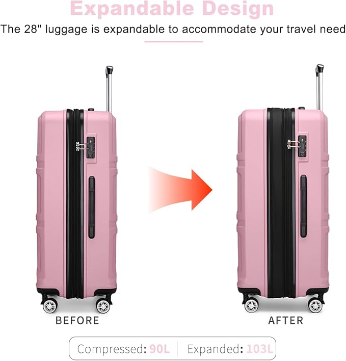 Kono 28 Inch Luggage Expandable Suitcase Lightweight with Spinner Wheels TSA Lock Hardside Large Checked Luggage Durable Rolling Suitcase Pink