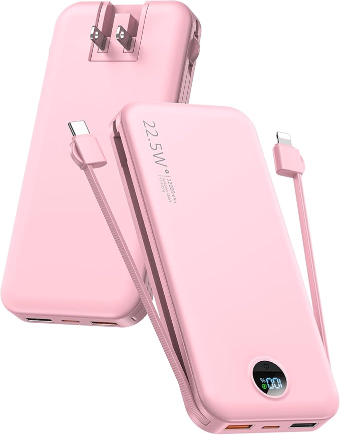 Portable Charger Power Bank, 12000mAh 22.5W USB C Power Bank Fast Charging with Built-in Cables and Wall Plug, Travel Essential Battery Pack with LED Display Compatible with iPhone, iPad, Samsung Pink