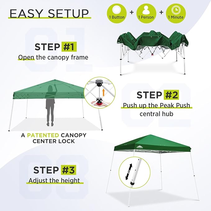 EAGLE PEAK 11x11 Slant Leg Pop-up Canopy Tent Easy One Person Setup Instant Outdoor Beach Canopy Folding Portable Sports Shelter 11' x 11' Base 9' x 9' Top (Green)