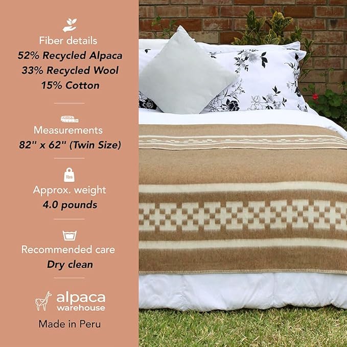 Inca Wall - Thick Alpaca Wool Blanket Heavyweight Camping Outdoors Indoors Soft Peru Twin Size Ethnic Design (Navy Blue/Ivory, Twin Size)
