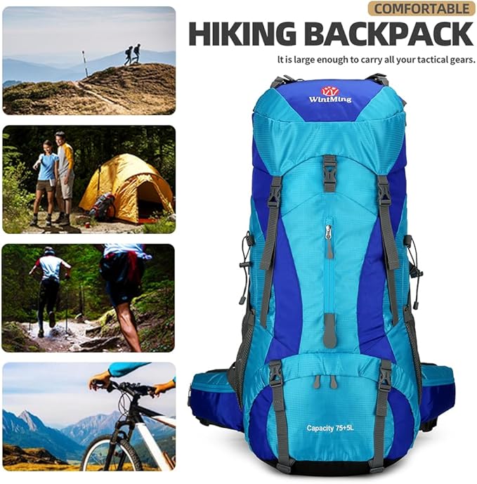 WintMing 75L Hiking Backpack with Rain Cover Waterproof Camping Backpack Shoes Warehouse for Men Women