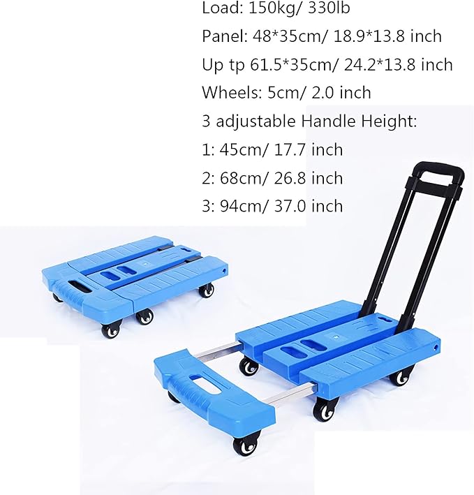 Foldable Hand Truck with 6 Wheels Extendable Handle 330 lbs Capacity - Compact Trolley for Home Office Travel & Luggage Moving - Portable Cart