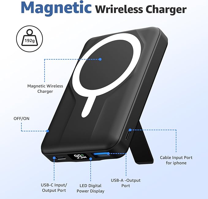 Azmuth Magnetic Power Bank,10000mAh for MagSafe Battery Pack, 22.5W PD Fast Charging,LED Display & Foldable Stand Wireless Portable Charger for iPhone 17/16/15/14/13/12/Pro/Pro Max/Plus,Deep Black
