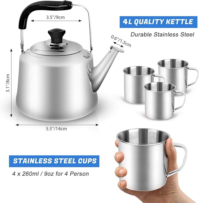 Odoland 4L Camping Kettle Set with 4 Cups, Durable Stainless Steel Camp Tea Coffee Water Pot with 4 Mugs for Hiking, Backpacking, Outdoor Camping and Picnic, Carrying Bag Included