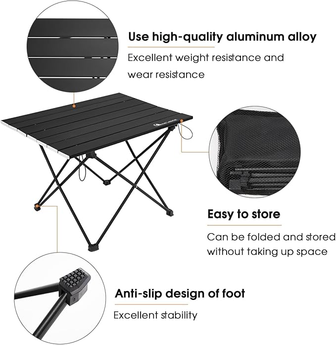 MOON LENCE Folding Outdoor Aluminum Camping Table Portable Ultralight Compact Backpacking Travel Table for Beach, Picnics, Hiking (Black, Large)