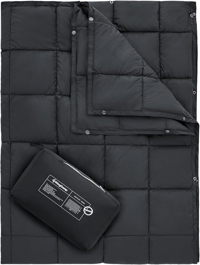 KingCamp Ultralight Camping Blanket, Packable Down Alternative Puffy Wearable Blankets Weatherproof Warm Package Quilt with Snap Buttons for Outdoor Hiking Travel Picnic Stadium (69"L x 53"W, BLACK)