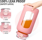 BLUEGO 84oz Water Bottle Glass with Stainless Steel Handle Large 2.5l Water Bottle with Time Markers and Silicone Sleeve Half Gallon Water Jug BPA Free for Gym Daily Use, Pink