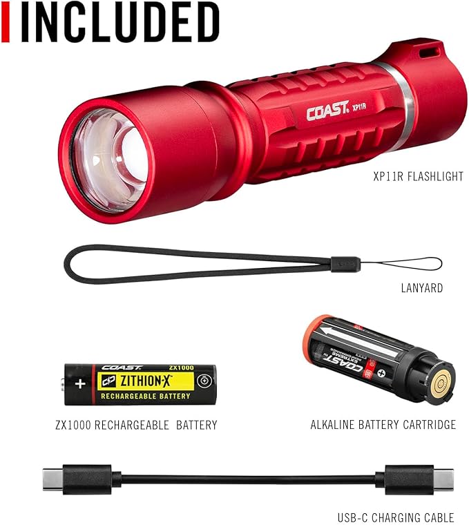Coast XP11R 2600 Lumen USB-C Rechargeable LED Flashlight with Slide Focus® and Pure Beam® Focusing Optic, 4 Light Modes, Red