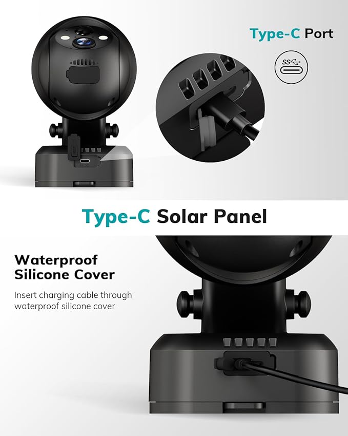 ZUMIMALL 3W Solar Panel for Outdoor Camera Wireless Camera,X2/X1/F5, IP66 Waterproof Solar Panel with 10Ft Type C Charge Cable, Power Supply for Security Camera（Type C Port）